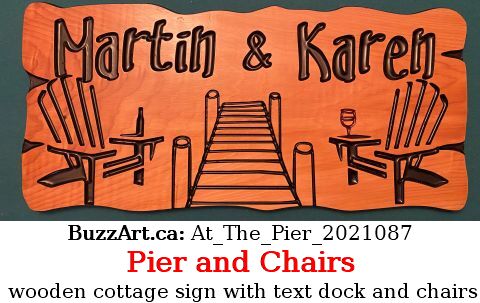 wooden cottage sign with text, dock and chairs